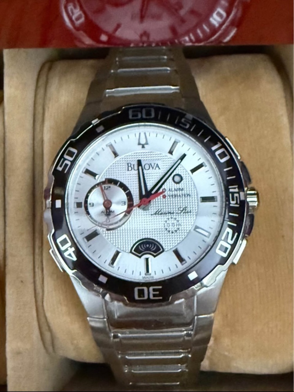 Bulova Silver-Tone Watch with White Dial and Black Bezel